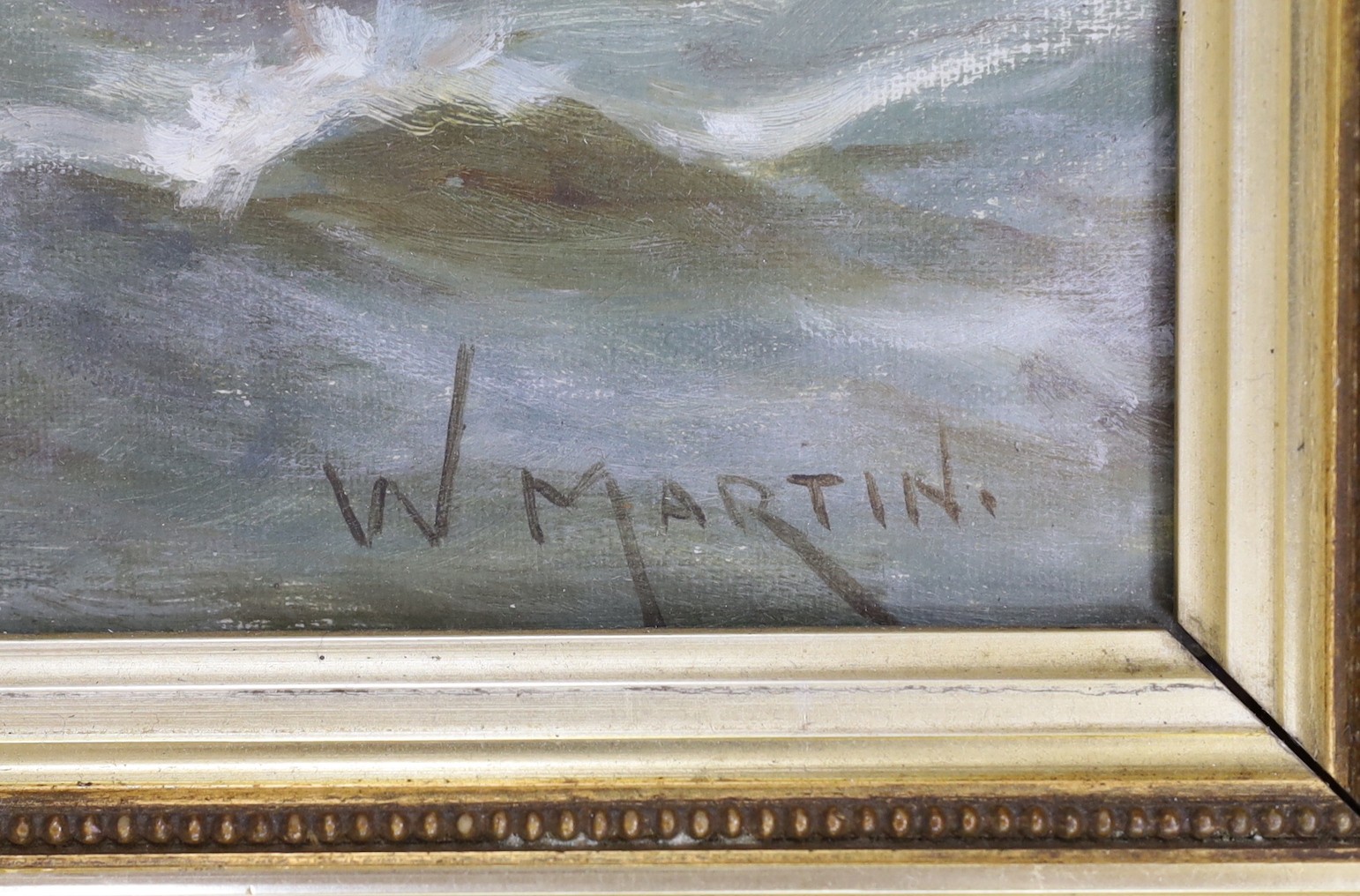 W. Martin c.1900, oil on canvas, Fishing boat entering harbour, signed, 40 x 60cm